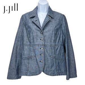 J Jill Women 10 Chambray Denim‎ Blazer Blue 100% Cotton Jacket